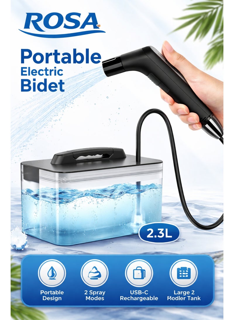 Rosa Portable Electric Bidet Rechargeable Travel Shattaf 2.3L Water Tank USB-C Handheld Personal Hygiene Sprayer for Toilet, Travel & Camping - Image 1